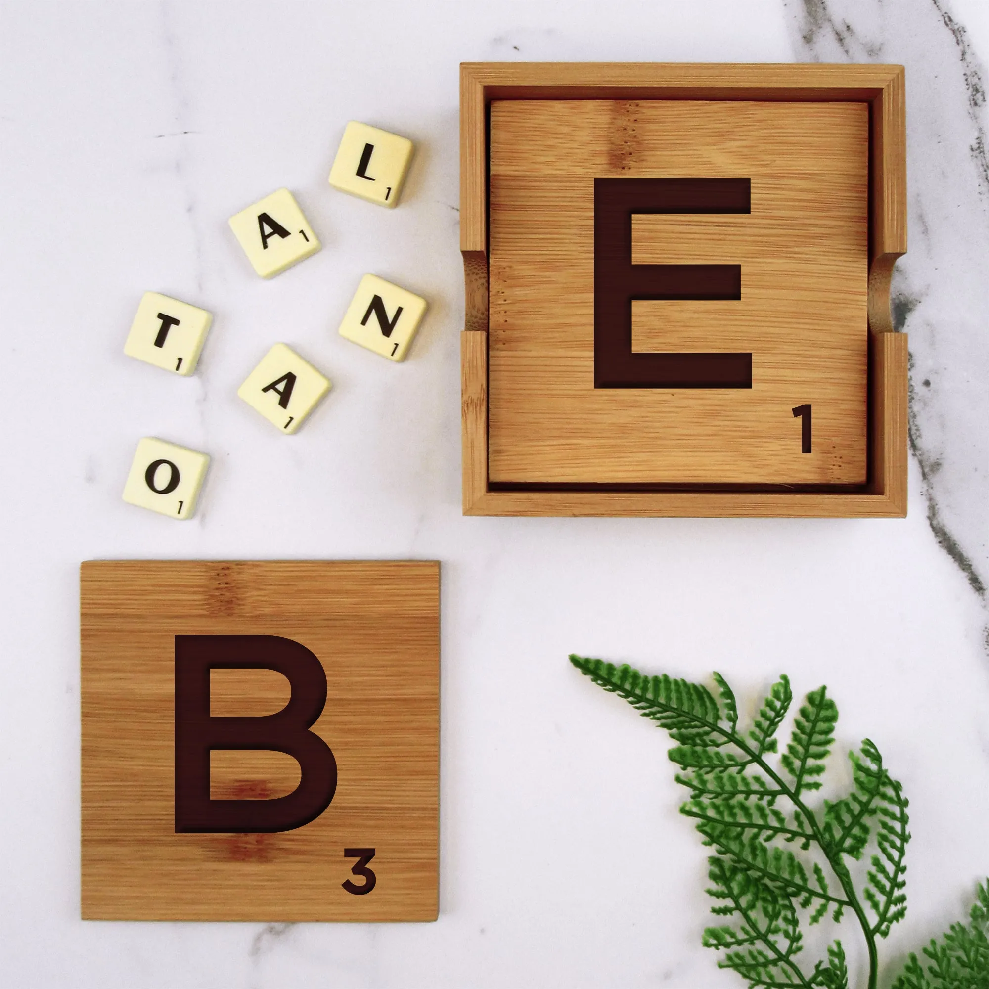 Set of 4 Bamboo "BEER" Scrabble Letter Tile Alphabet Drinks Coasters