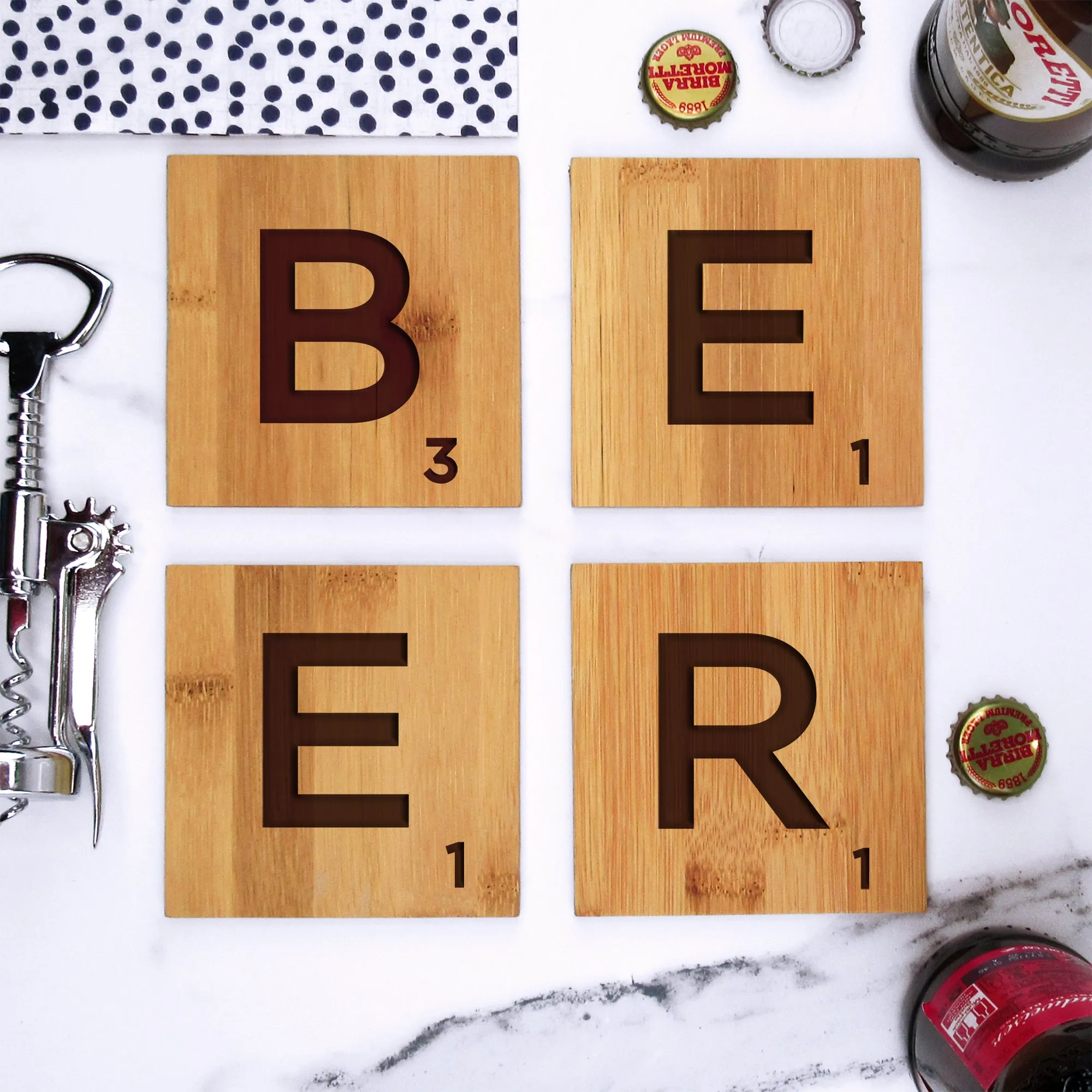 Set of 4 Bamboo "BEER" Scrabble Letter Tile Alphabet Drinks Coasters