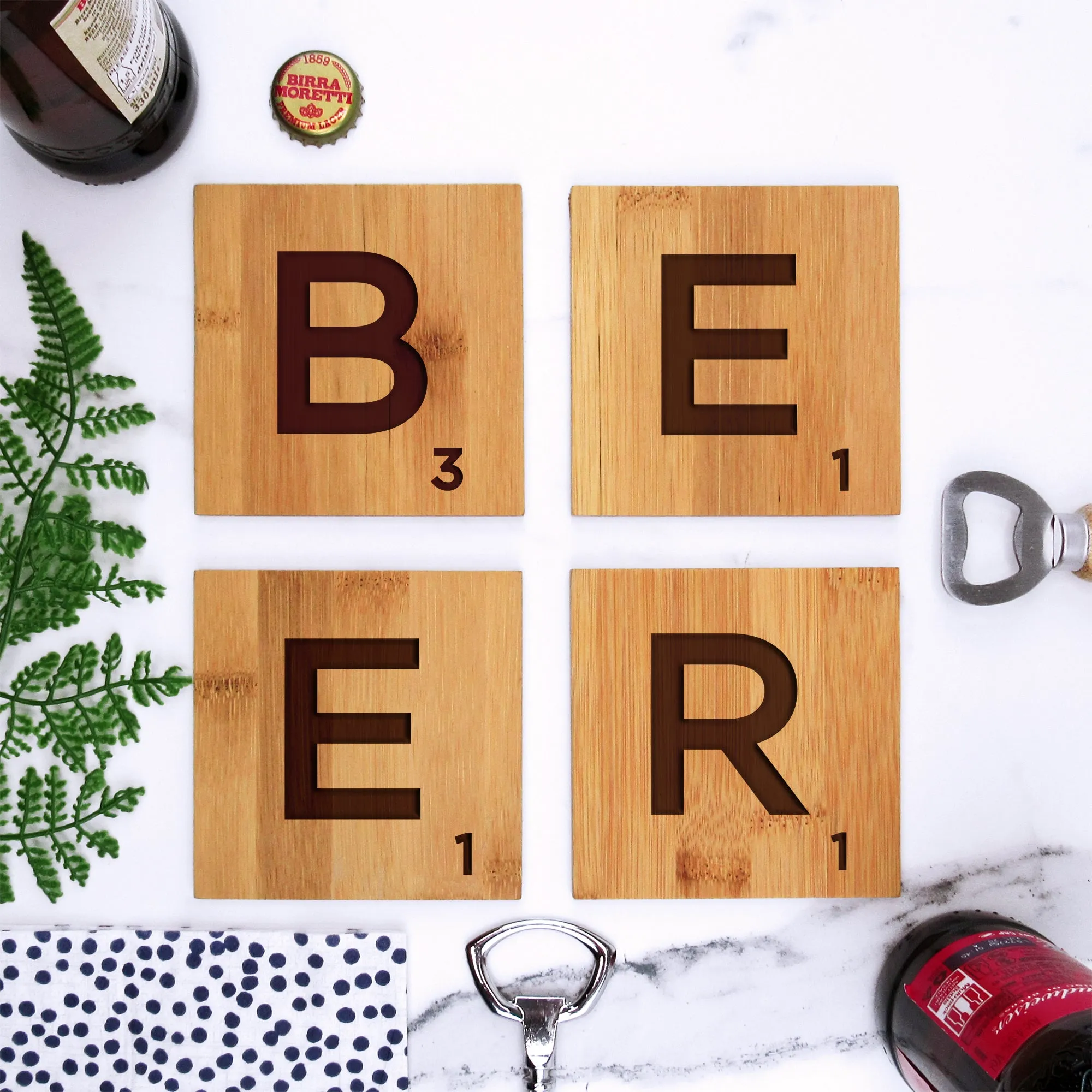 Set of 4 Bamboo "BEER" Scrabble Letter Tile Alphabet Drinks Coasters