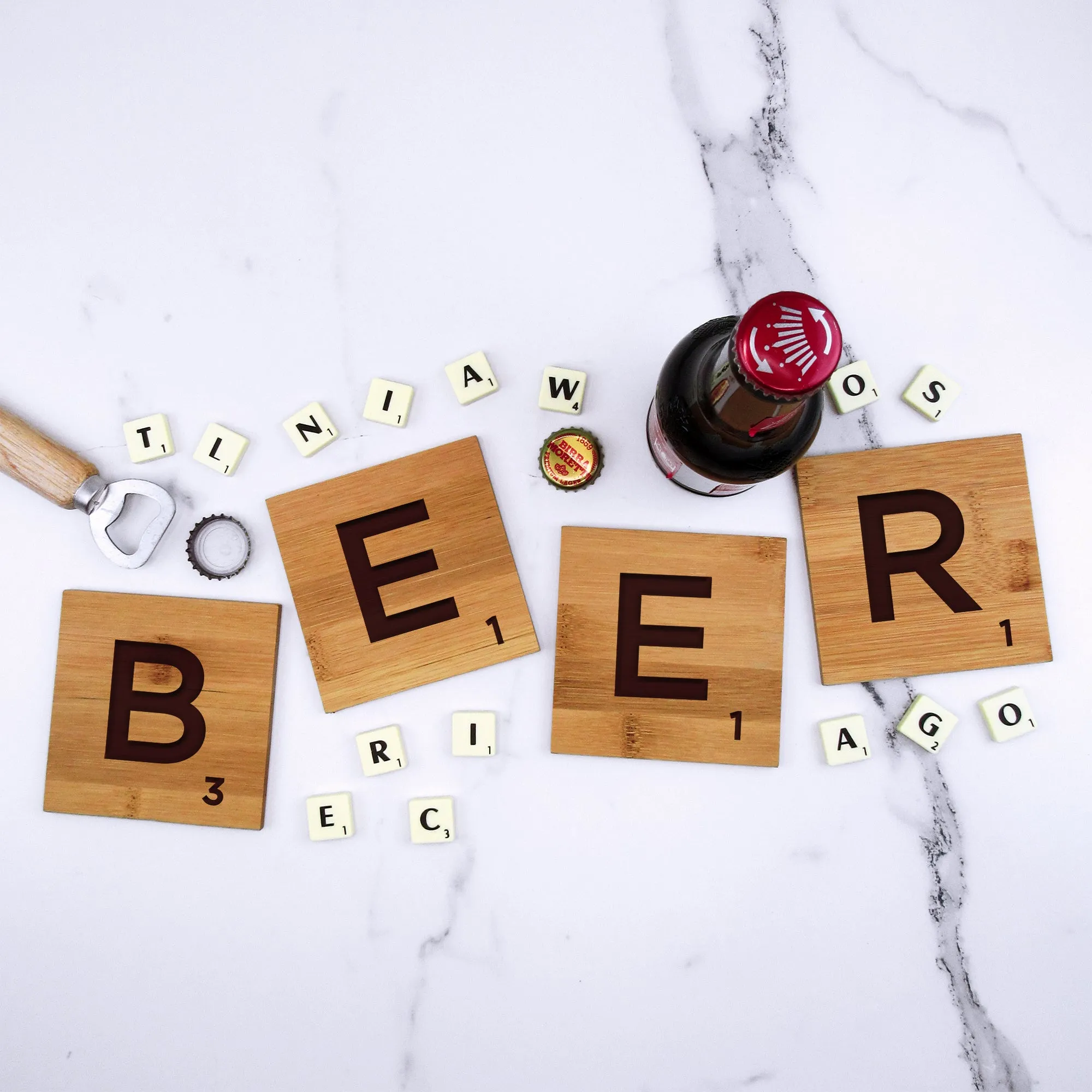 Set of 4 Bamboo "BEER" Scrabble Letter Tile Alphabet Drinks Coasters