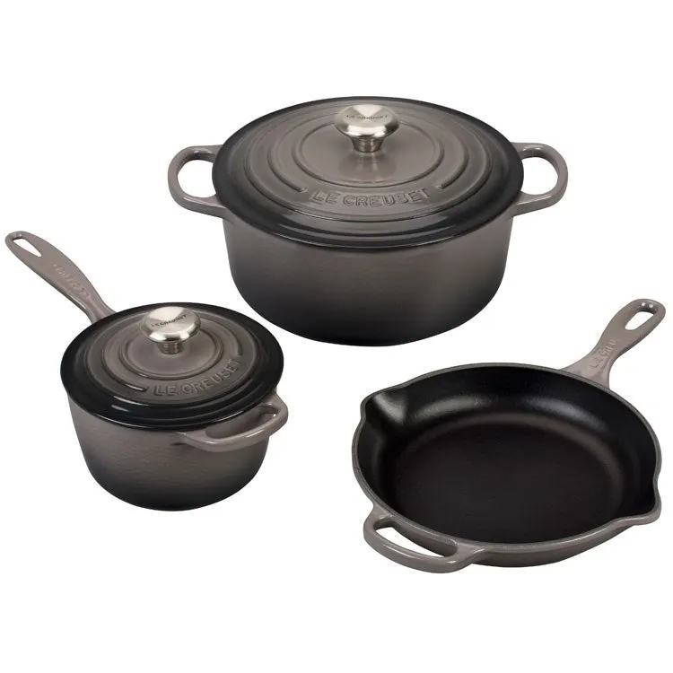 Signature Five-Piece Cast Iron Cookware Set with Stainless Steel Knobs - Oyster