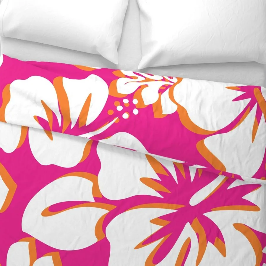 Surfer Girl Pink, Juicy Orange and White Hibiscus and Hawaiian Flowers Duvet Cover -Large Scale