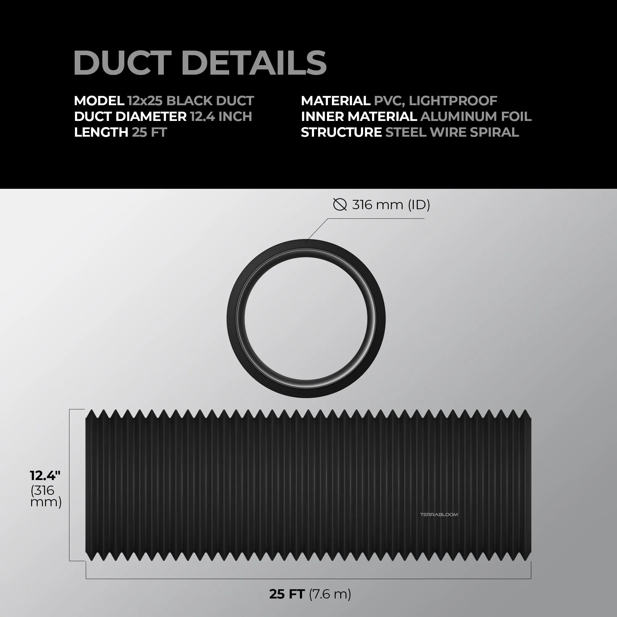 TerraBloom 12.4" (315mm) Air Duct - 25 FT Long, Black Flexible Ducting with 2 Clamps