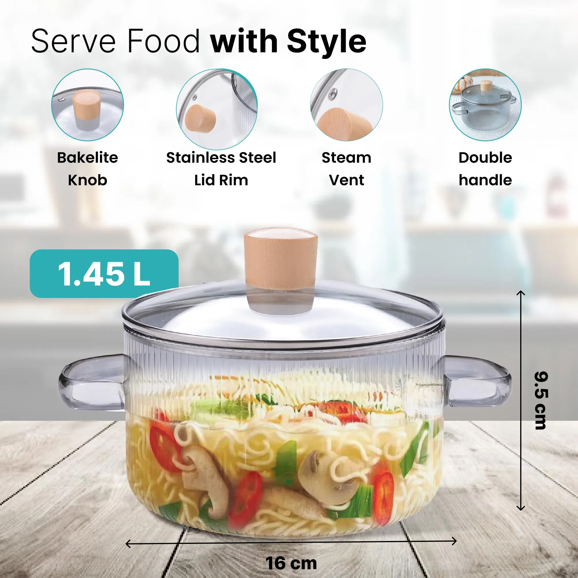 The Better Home Borosilicate Glass Cookware Handi (1.45L)| Tope with Lid | Biryani Handi Casserole with Lid | Electric Pottery Safe | Saucepan with Lid, |Microwave Safe |Housewarming Gift Grey