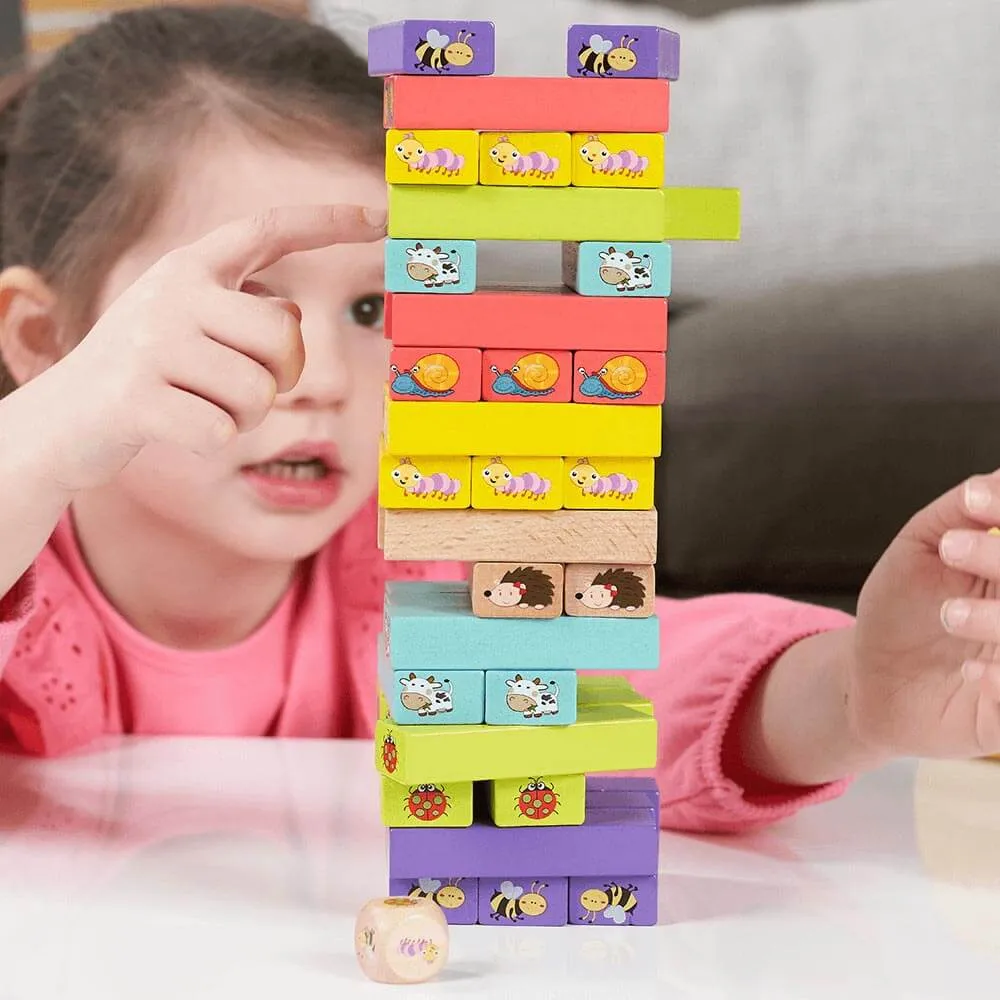 Tumble Tower Game - Wooden Animal Blocks & Dice