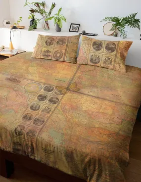 Vintage Map Duvet Cover Set | Brown Bedding Set & Pillow Case | World Map Design Bedding Set | For King, Queen, Full, Twin, Single Bed Sizes