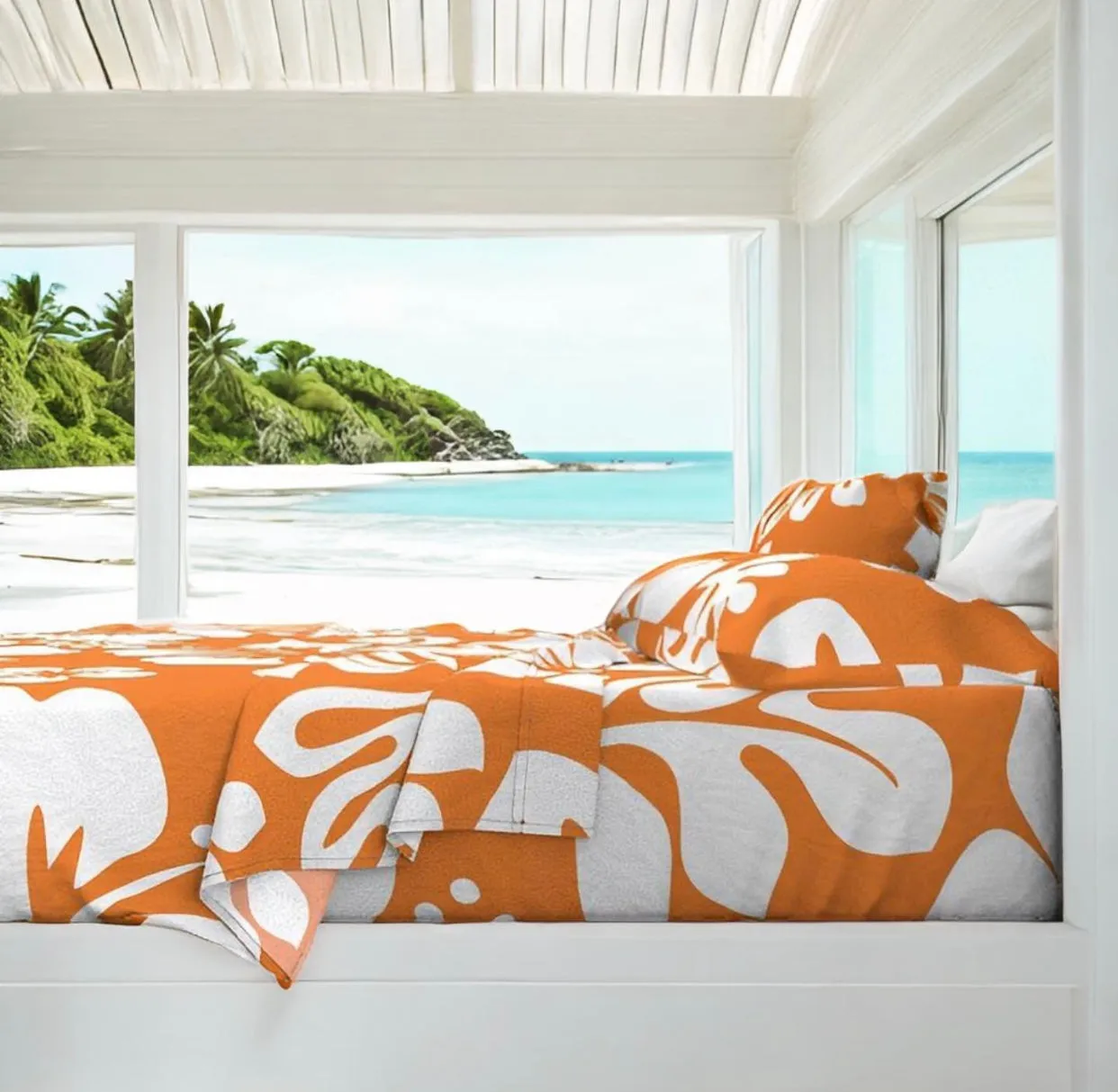 White Hawaiian Flowers on Juicy Orange Sheet Set from Surfer Bedding™️ Large Scale