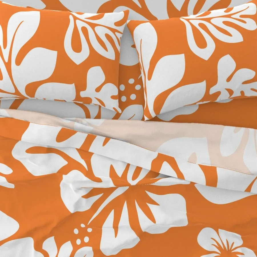 White Hawaiian Flowers on Juicy Orange Sheet Set from Surfer Bedding™️ Large Scale