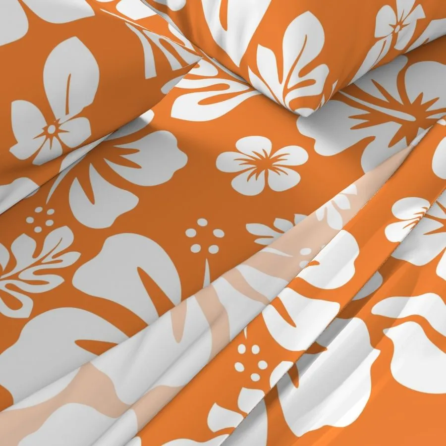 White Hawaiian Flowers on Juicy Orange Sheet Set from Surfer Bedding™️ Medium Scale