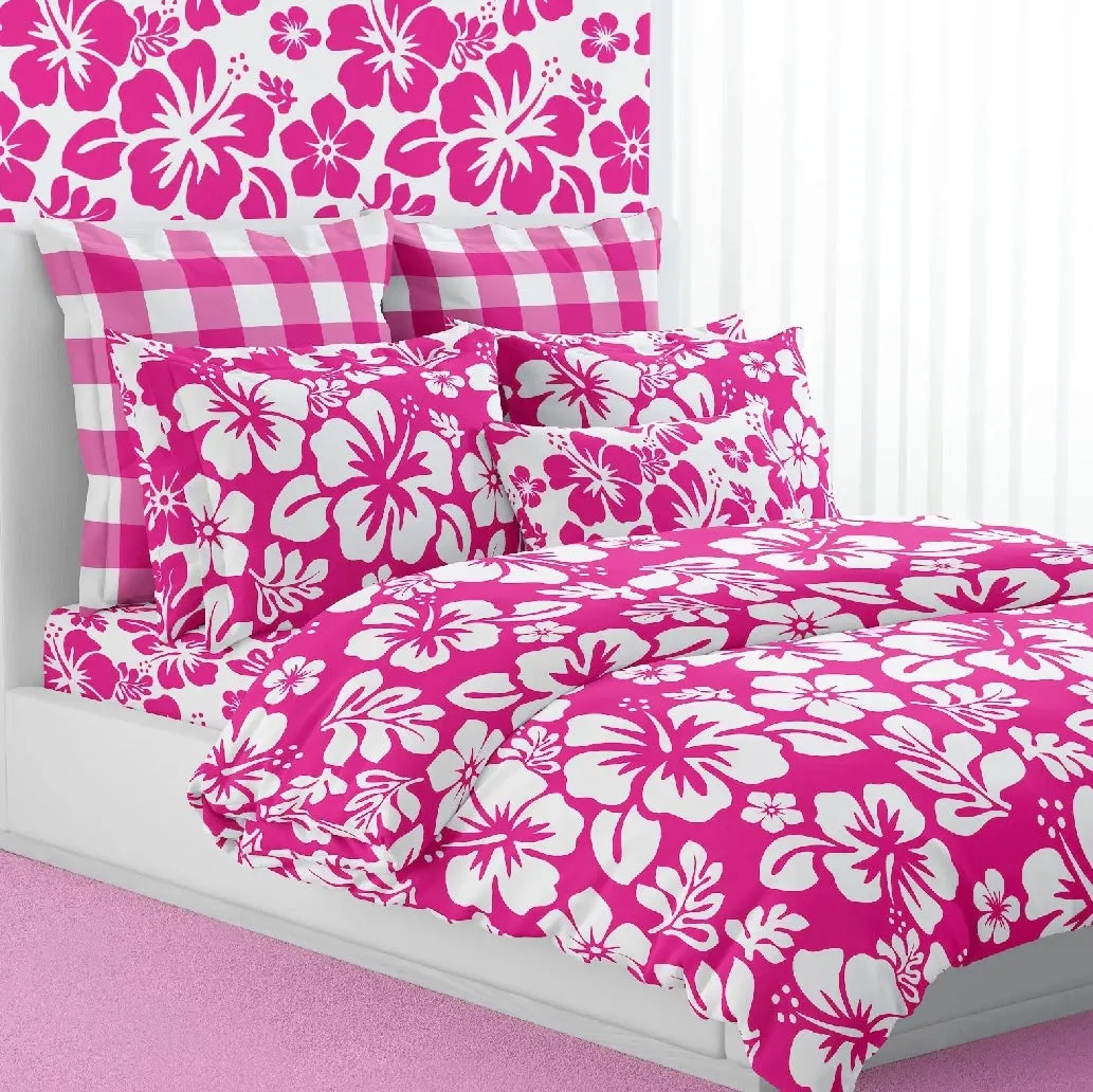 White Hibiscus and Hawaiian Flowers on Surfer Girl Pink Duvet Cover -Medium Scale