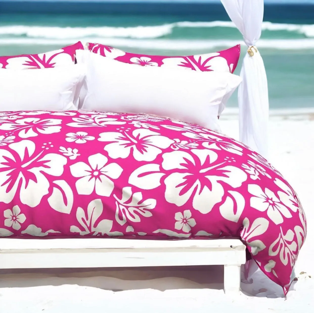 White Hibiscus and Hawaiian Flowers on Surfer Girl Pink Duvet Cover -Medium Scale