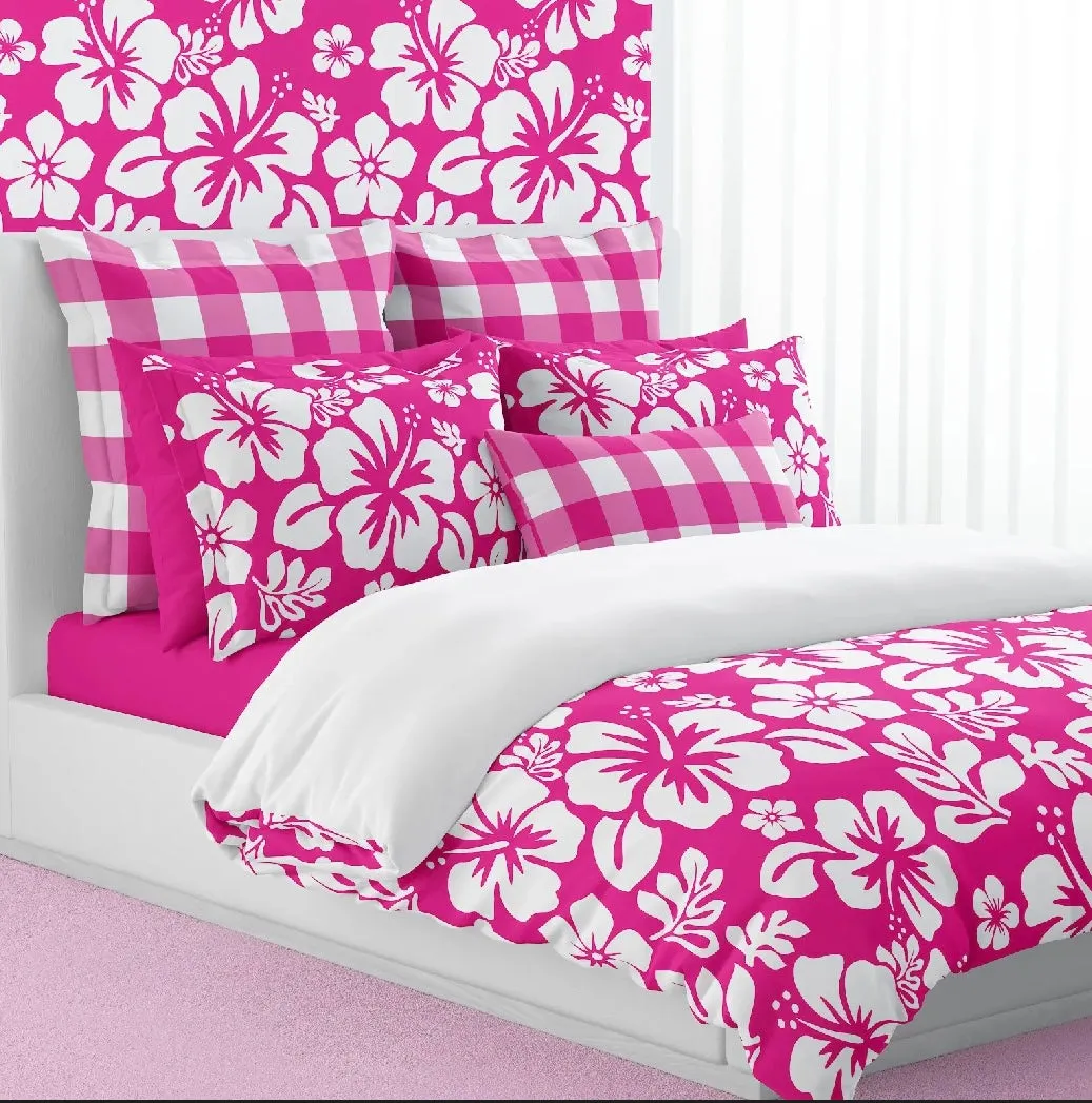 White Hibiscus and Hawaiian Flowers on Surfer Girl Pink Duvet Cover -Medium Scale