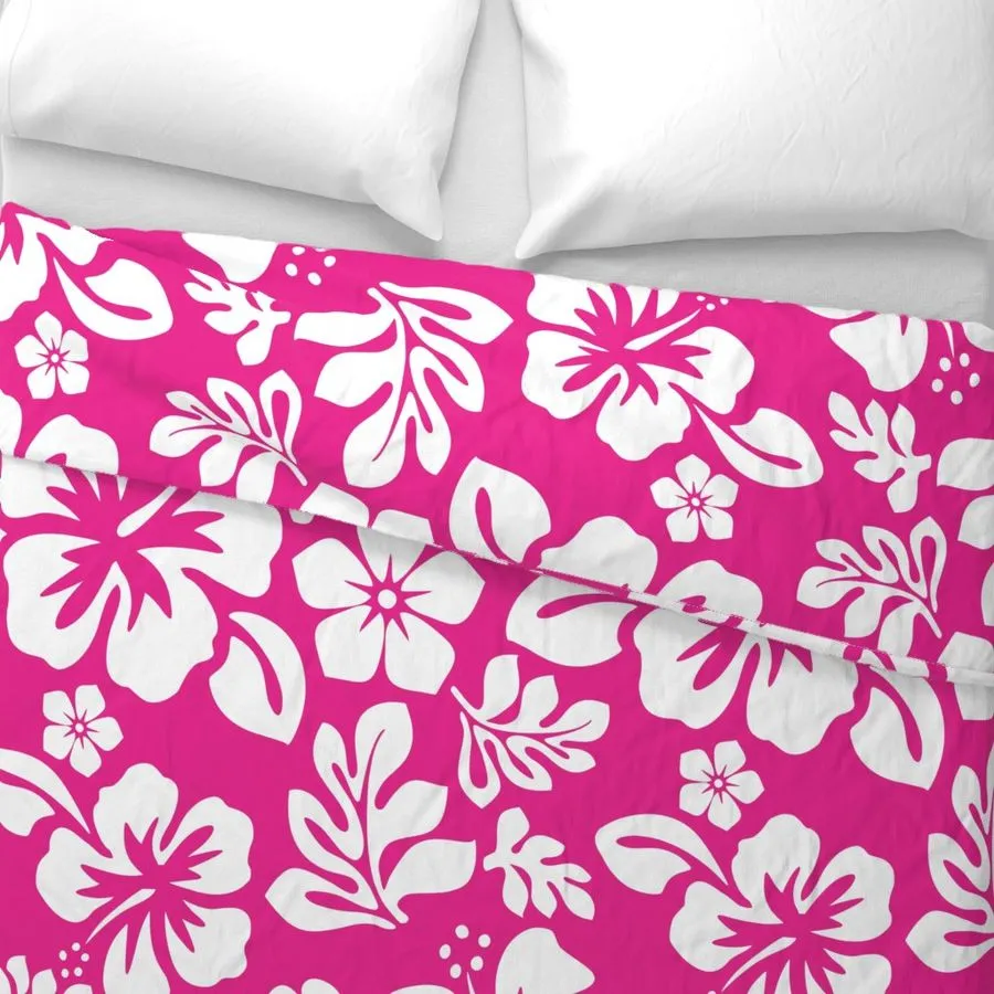 White Hibiscus and Hawaiian Flowers on Surfer Girl Pink Duvet Cover -Medium Scale