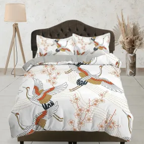 White oriental bedding with floral prints crane bird design, Asian duvet cover set with cherry blossom, Japanese bedding, King, Queen, Full