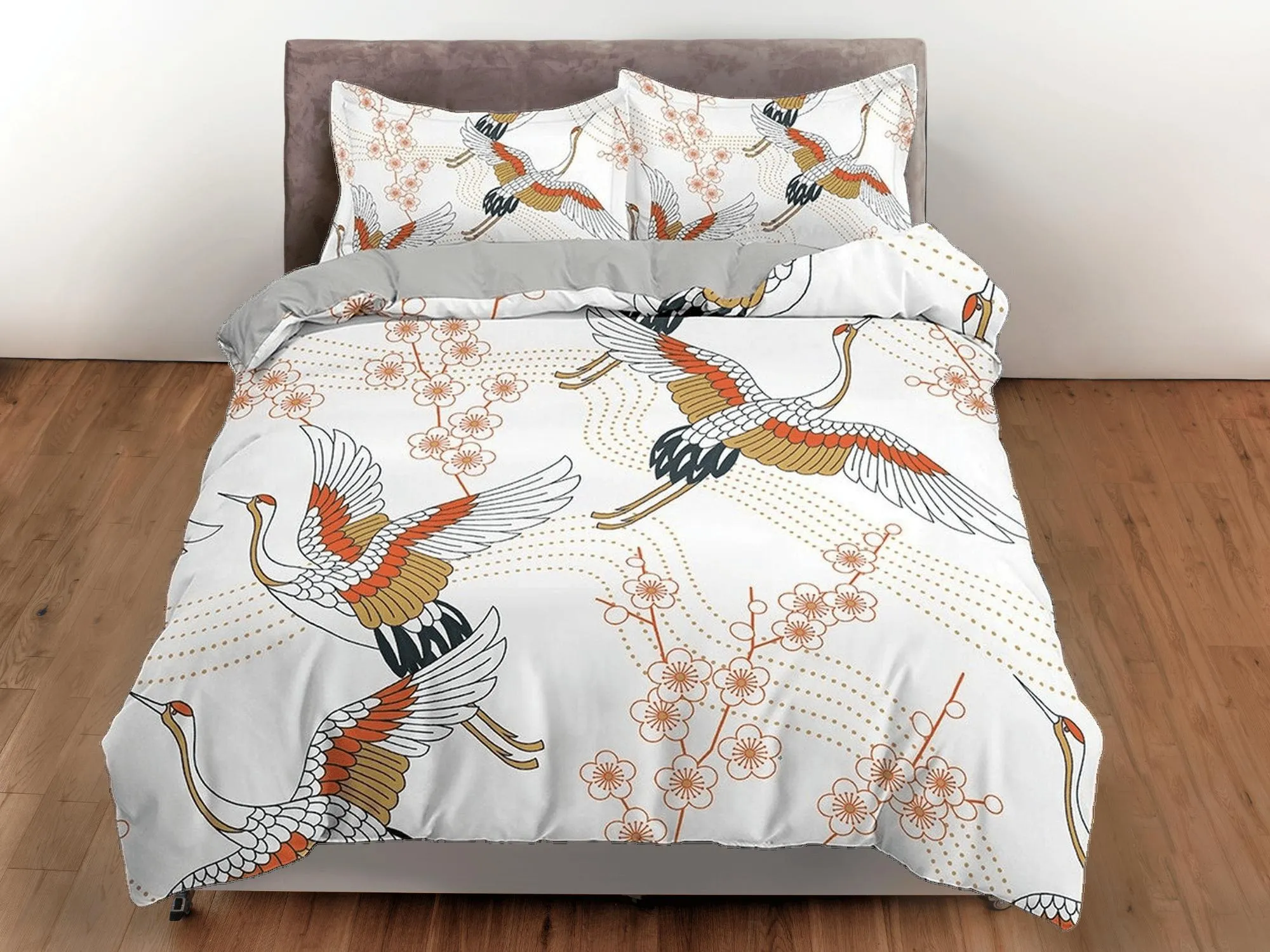 White oriental bedding with floral prints crane bird design, Asian duvet cover set with cherry blossom, Japanese bedding, King, Queen, Full