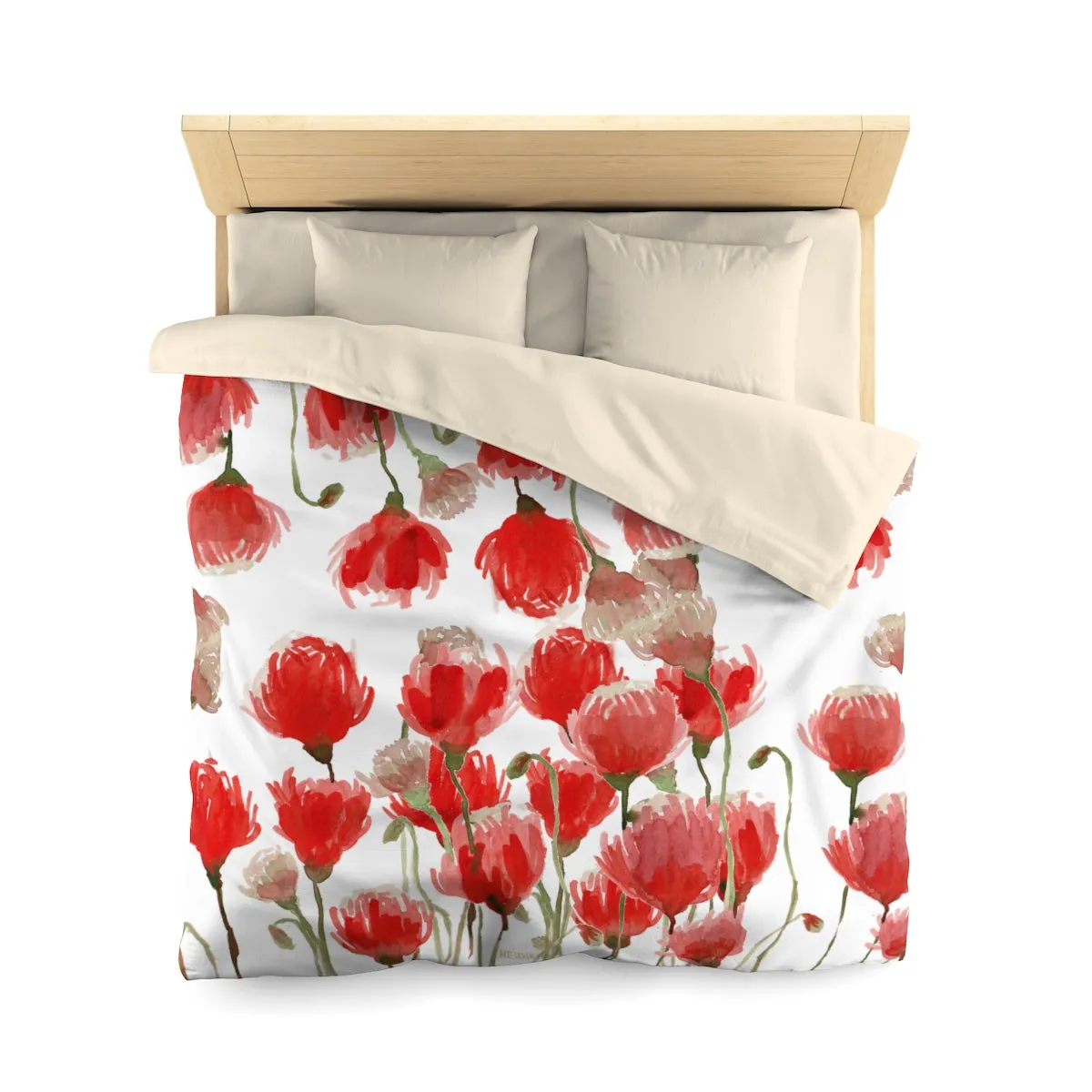 White Red Poppy Flower Floral Super Soft Polyester Microfiber Duvet Cover- Made in USA