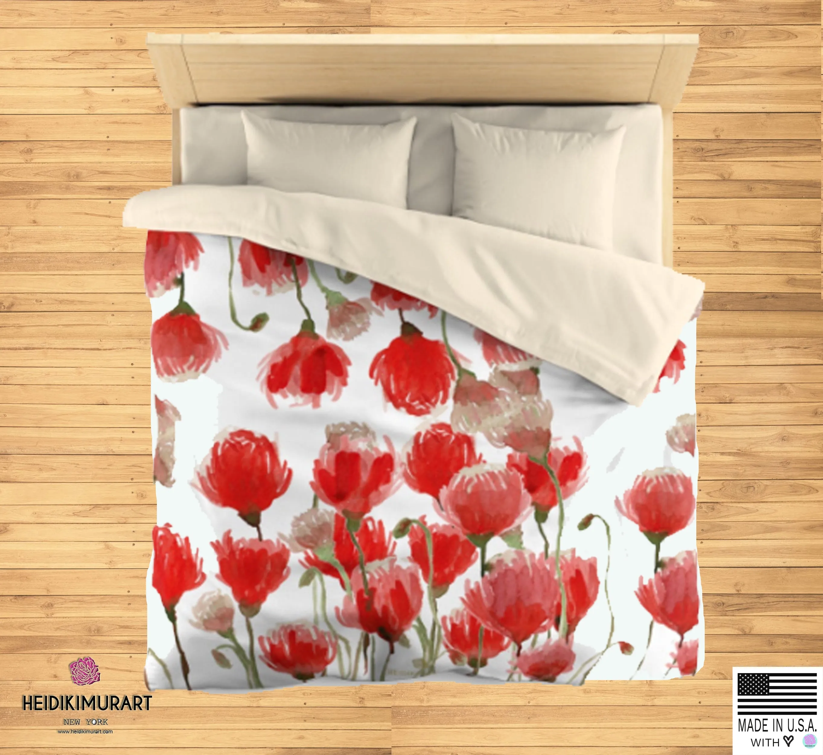 White Red Poppy Flower Floral Super Soft Polyester Microfiber Duvet Cover- Made in USA