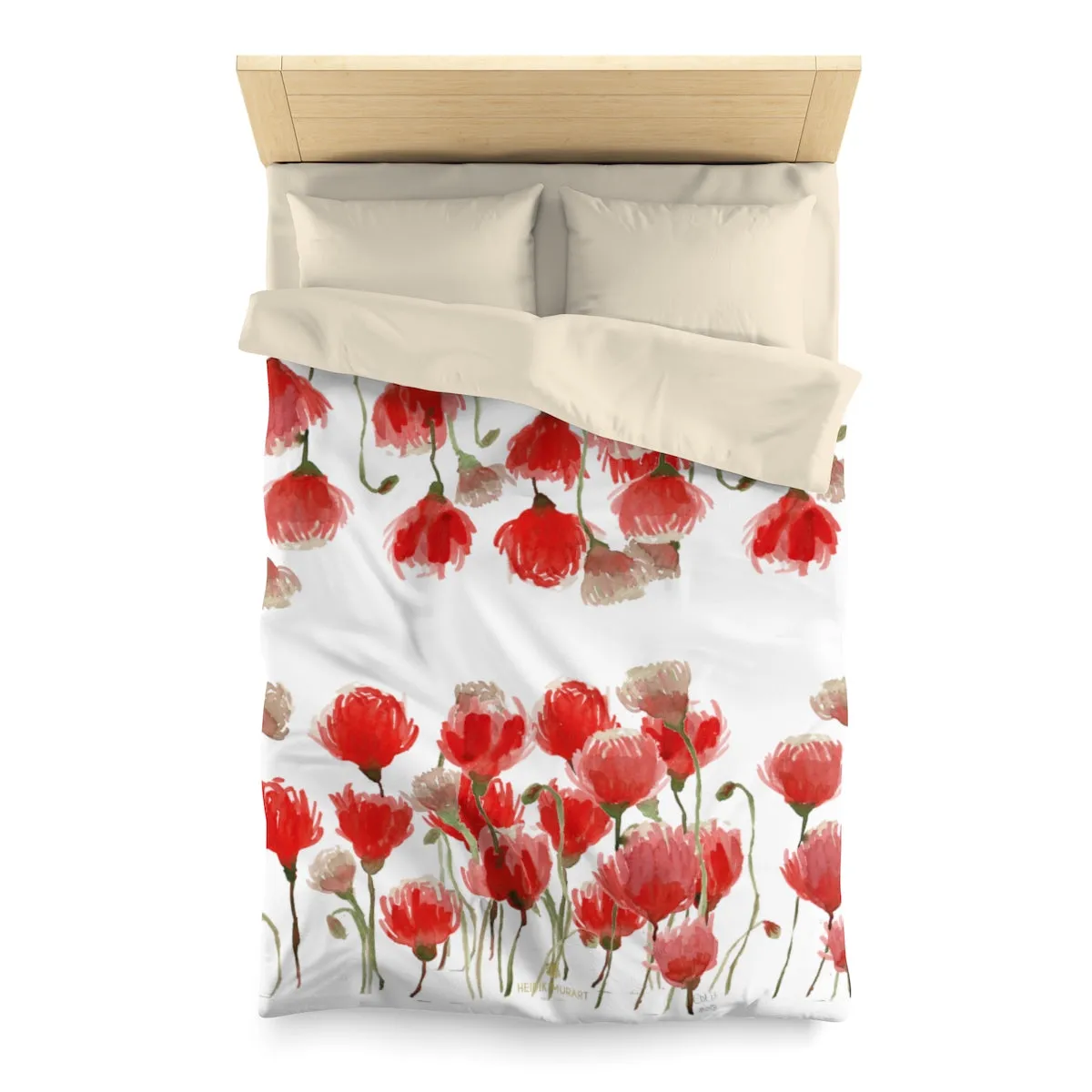 White Red Poppy Flower Floral Super Soft Polyester Microfiber Duvet Cover- Made in USA