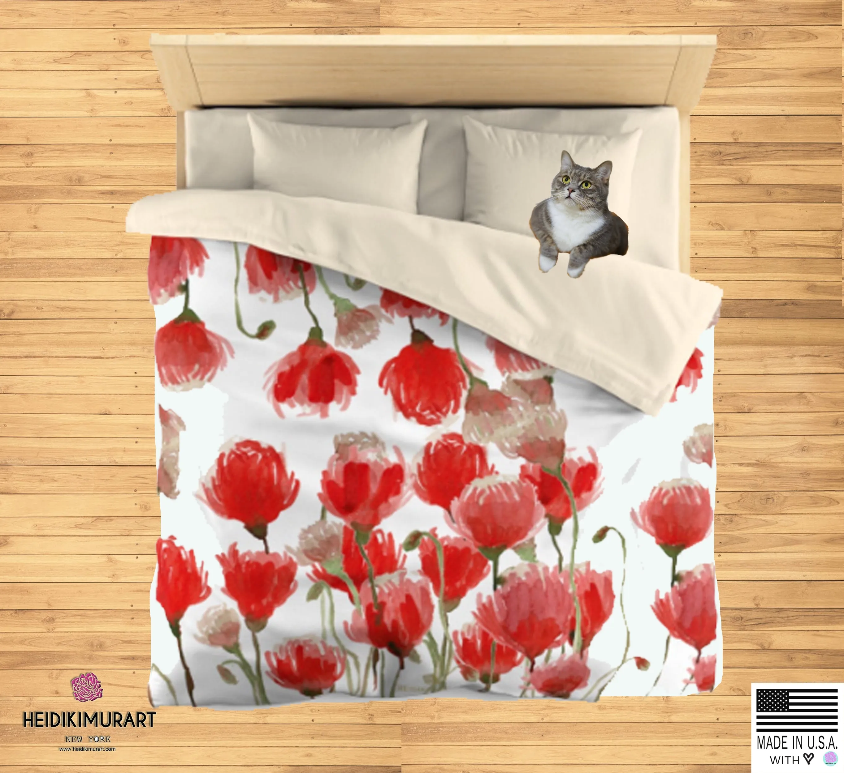 White Red Poppy Flower Floral Super Soft Polyester Microfiber Duvet Cover- Made in USA