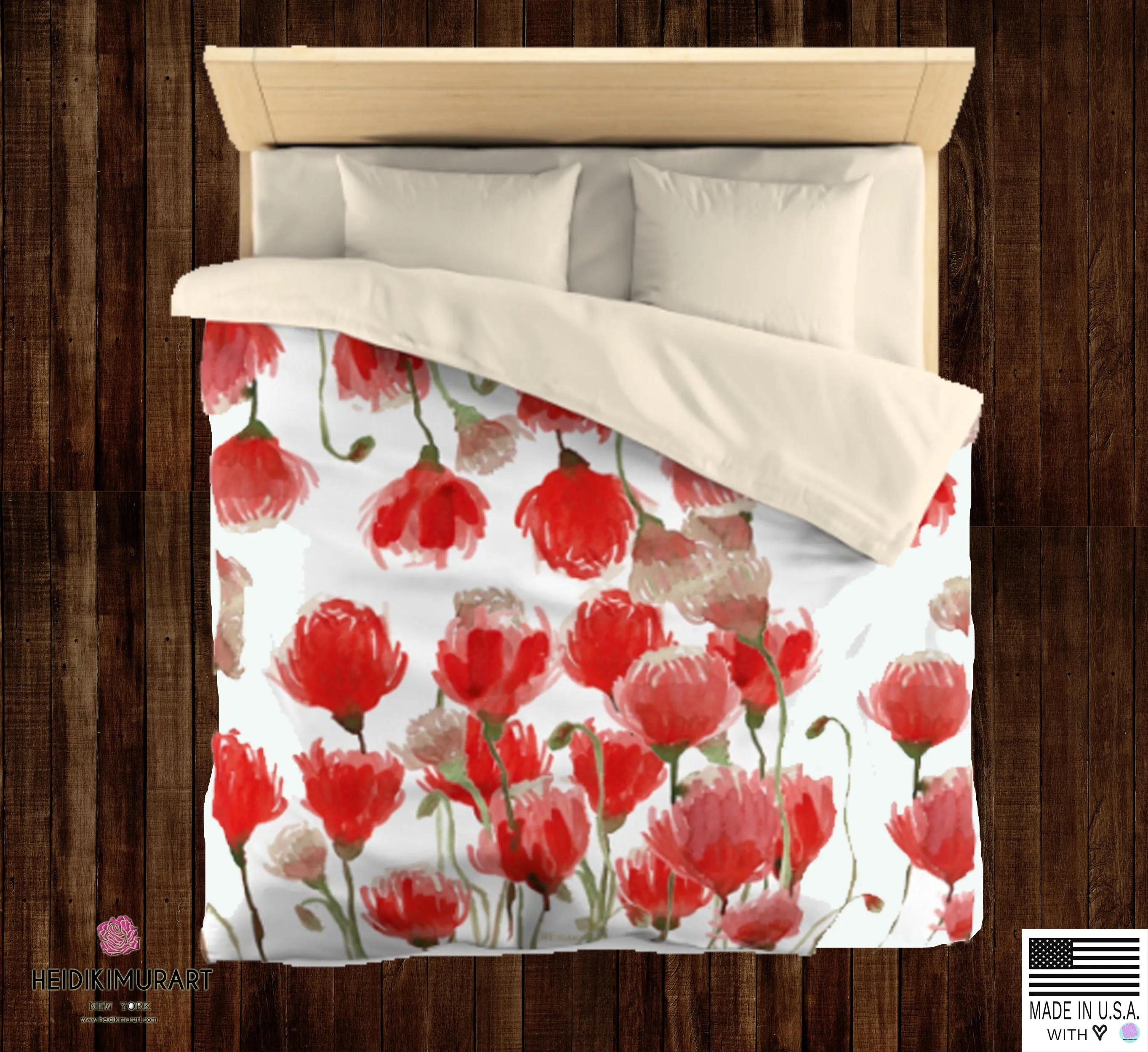 White Red Poppy Flower Floral Super Soft Polyester Microfiber Duvet Cover- Made in USA