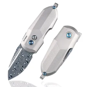 XTOUC Mini keychain Folding Pocket Knife Damascus Blade EDC Titanium Handle Button Lock Knifes TD774