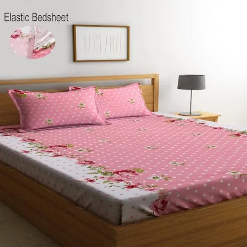 YaAkholic 220 TC Elastic Fitted Double King Size Bed Cotton Bedsheets with 2 Pillow Covers - King Size 78" x 72" Lruxurious Bedding Set for Ultimate Comfort and Style (Pink)