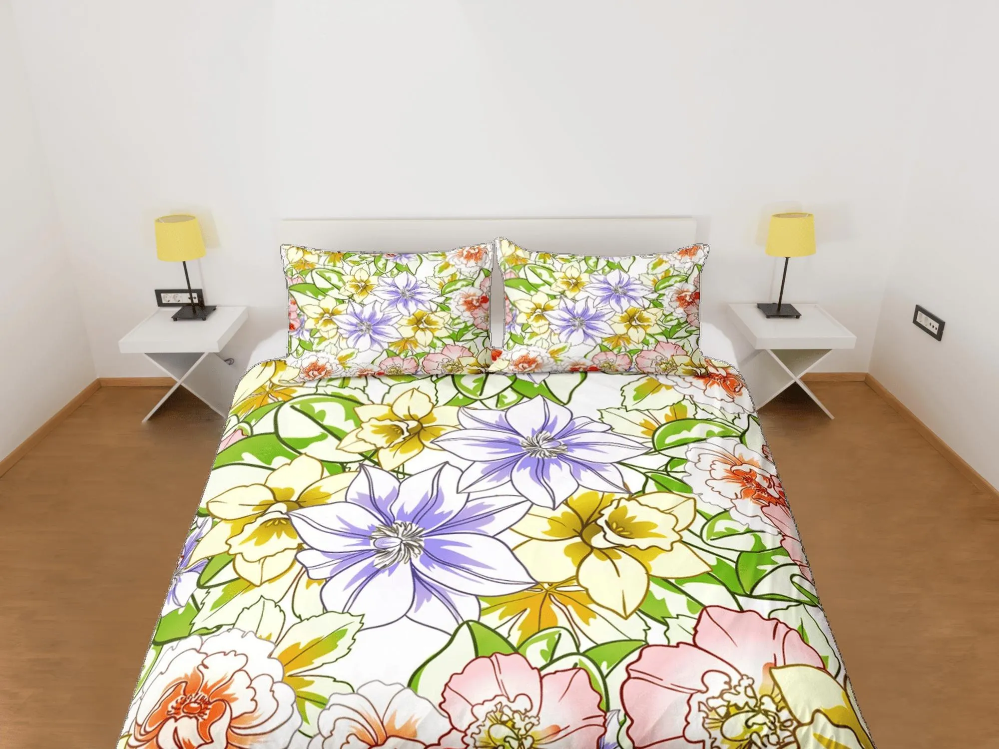 Yellow summer floral duvet cover colorful bedding, teen girl bedroom, baby girl crib bedding boho maximalist bedspread aesthetic bedding