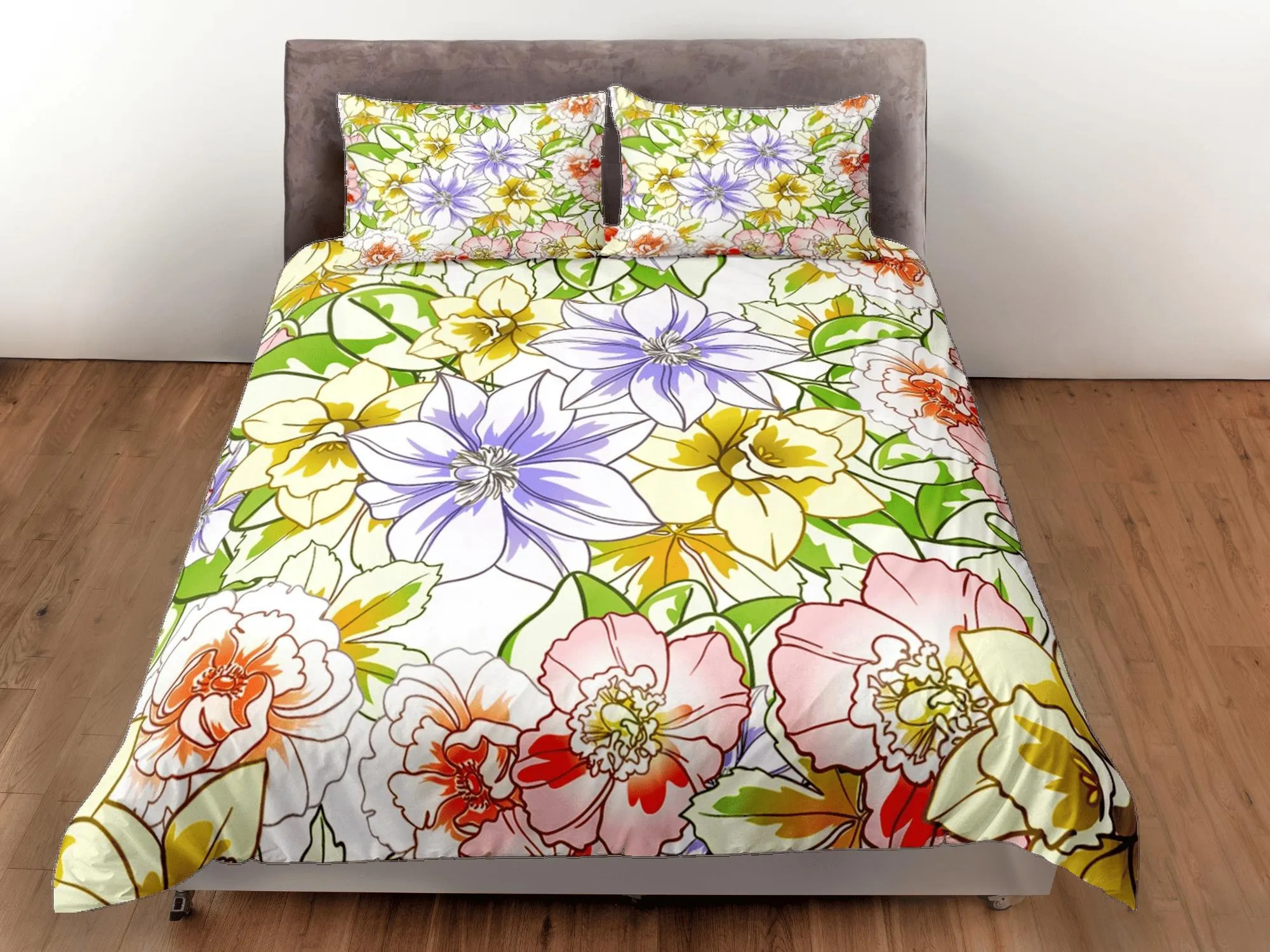 Yellow summer floral duvet cover colorful bedding, teen girl bedroom, baby girl crib bedding boho maximalist bedspread aesthetic bedding